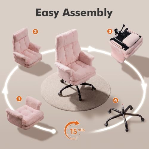 Teddy Fleece Wide Criss Cross Legged Office Chair with Flip Armrests Pink