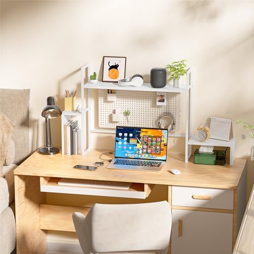 WelFurGeer LED Desk Shelf Organizer with RGB Light Strip, 2-Tier Desktop Shelf for Computer Monitor, Sturdy Metal Frame & Wood Shelves - Desk Hutch Bookshelf for Home Office, Dorm, Gaming (White)