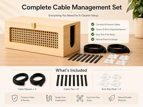 Wooden Cable Management Box - 15 x 6.5 x 6.3 in - Power Strip Organizer