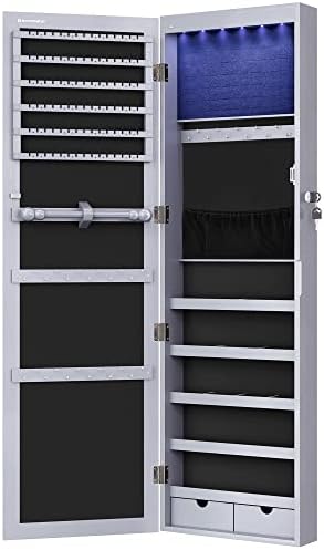 SONGMICS 6 LEDs Mirror Jewelry Cabinet, 47.2-Inch Tall, Lockable