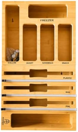 9-in-1 Bamboo Kitchen Drawer Organizer - Storage Bag Holder with Built-In Foil & Wrap Cutter Dispenser - Wooden Food Storage Bag Organizer for Gallon, Quart, Sandwich and Snack Sizes