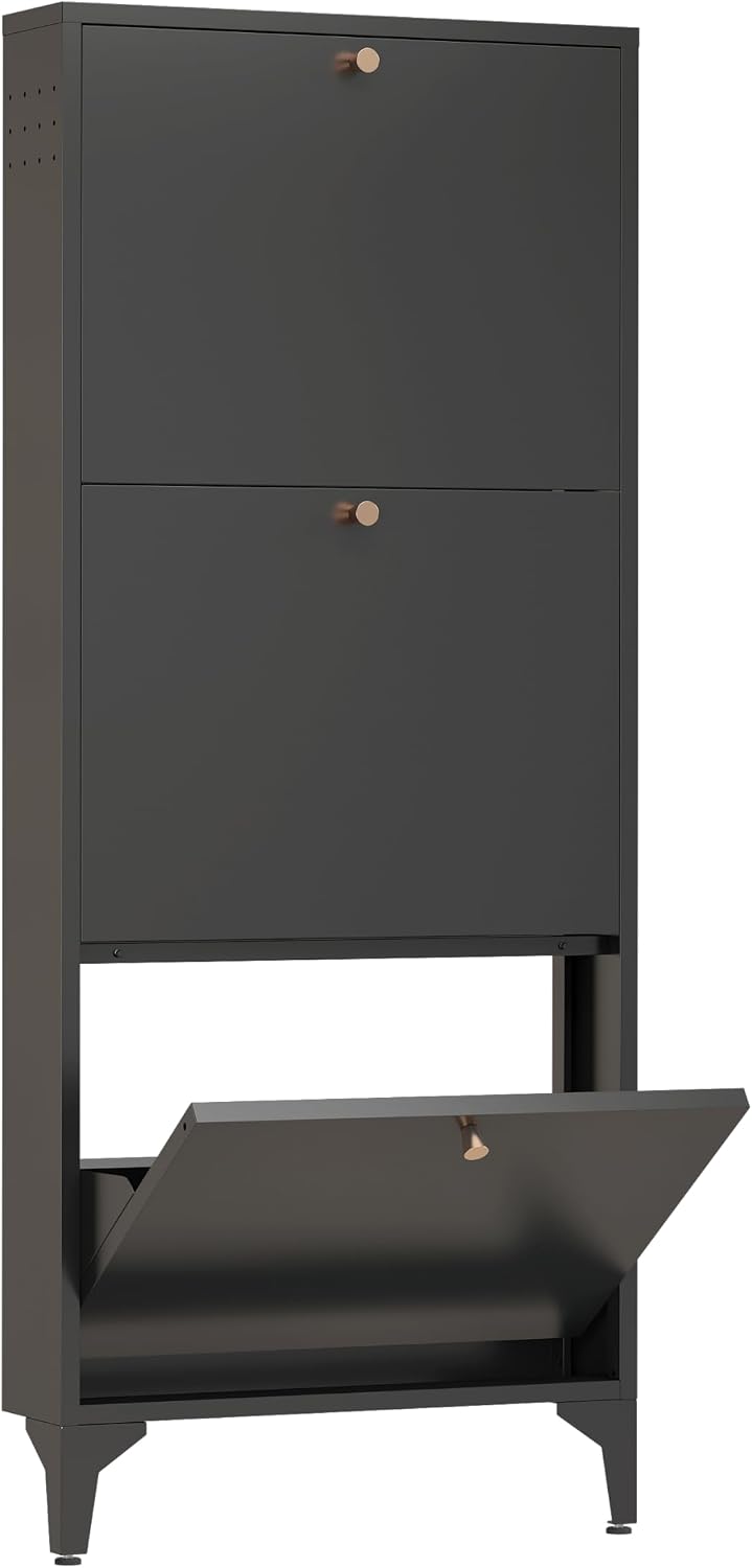 Shoe Storage Cabinet for Entryway with 3 Flip Drawers, Freestanding Shoe Organizer with Legs,Farmhouse Narrow Shoe Storage Cabinet for Entryway, Foyer,Living Room (Black, 3 Doors(Narrow))