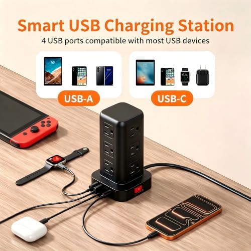 Extension Cord with Multiple Outlets, SMALLRT Flat Plug Power Strip Tower with USB 12 AC Outlets, 6.5FT Ultra Thin Extension Cord Outlet Extender for Home Office, Black