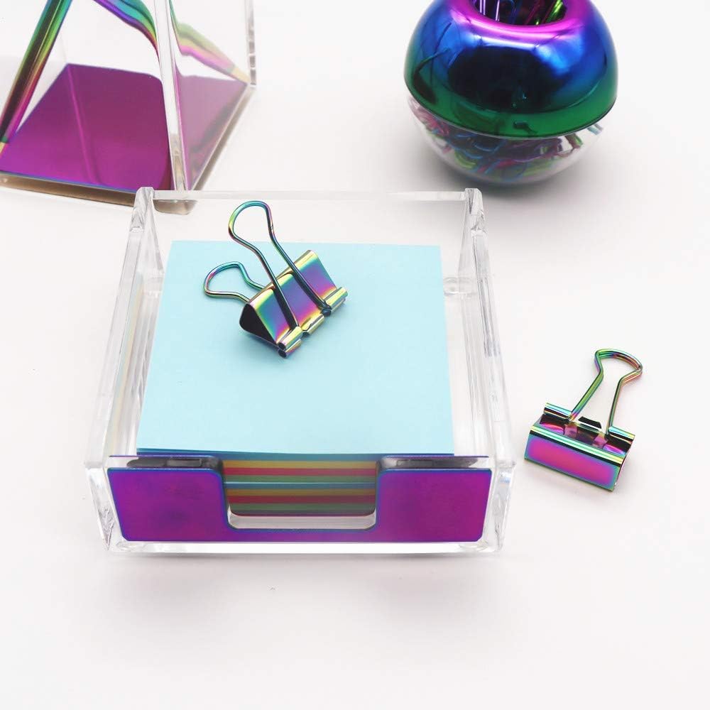 MEI YI TIAN Metallic Rainbow Pen Holder Memo Organizer Tray Paper Clips Holders Set with Clear Acrylic Body for Desktop Accessories Organizers Desk Dispenser Storage Case (Metallic Style)
