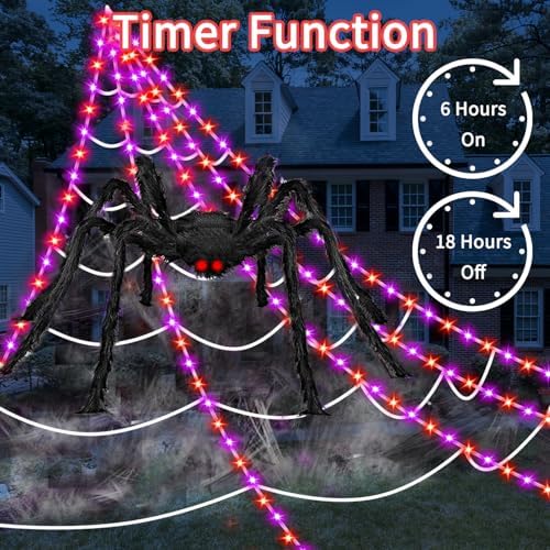 Halloween Decorations Outdoor Spider Web Lights, 23Ft 350 LED Light up Spider Web with 6.6Ft Giant Spider, 8 Modes Waterproof Timer Spiderweb Lights for Garden & Haunted House Decor, Purple + Orange