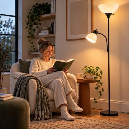 LIGHTACCENTS Floor Lamp with Side Reading Light - 72" Black Mother Daughter Standing Lamp with 3-Way Main Light and Adjustable Gooseneck Arm for Living Room, Bedroom, Office