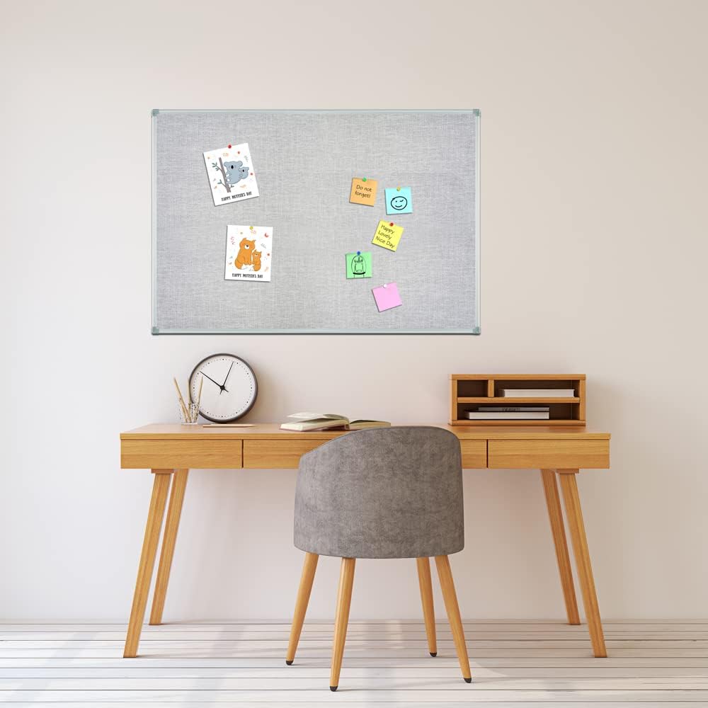 Lockways 36" x 24" Cork Bulletin Board, Grey Frame Linen Fabric Pinboard