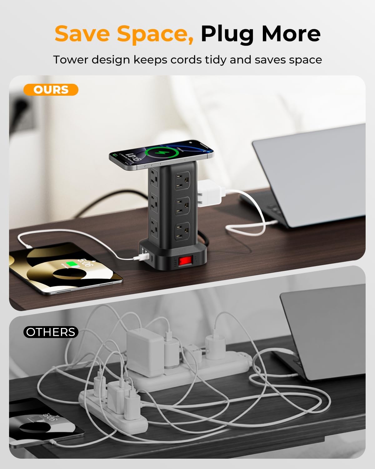 Power Strip with 12 Outlets 4 USB (1 USB C), 10Feet Extension Cord with Multiple Outlets, Charging Station, Power Strip Tower, Home Office Desk Supplies