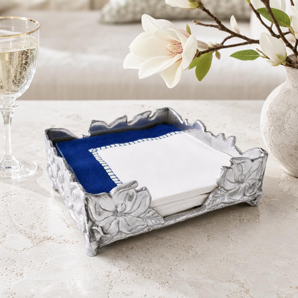 Arthur Court Magnolia Flower Napkin Holder Box - Elegant Aluminum Design for Indoor or Outdoor Use - 7 Inch Square