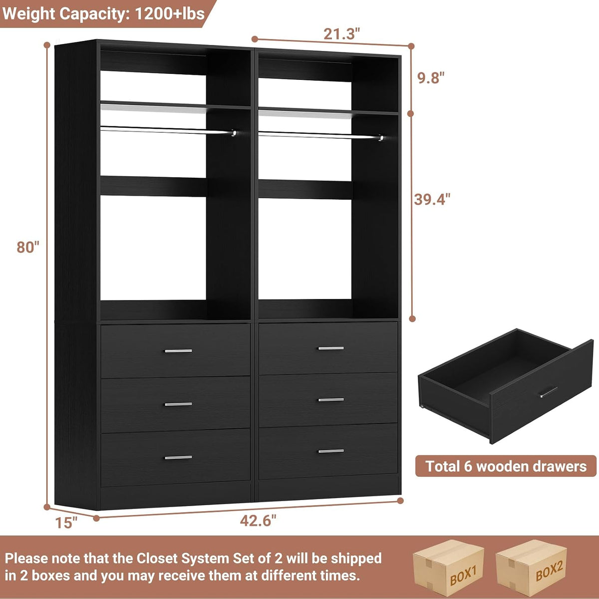 Besiost Closet Systems with 6 Wood Drawers, Closet System Set of 2