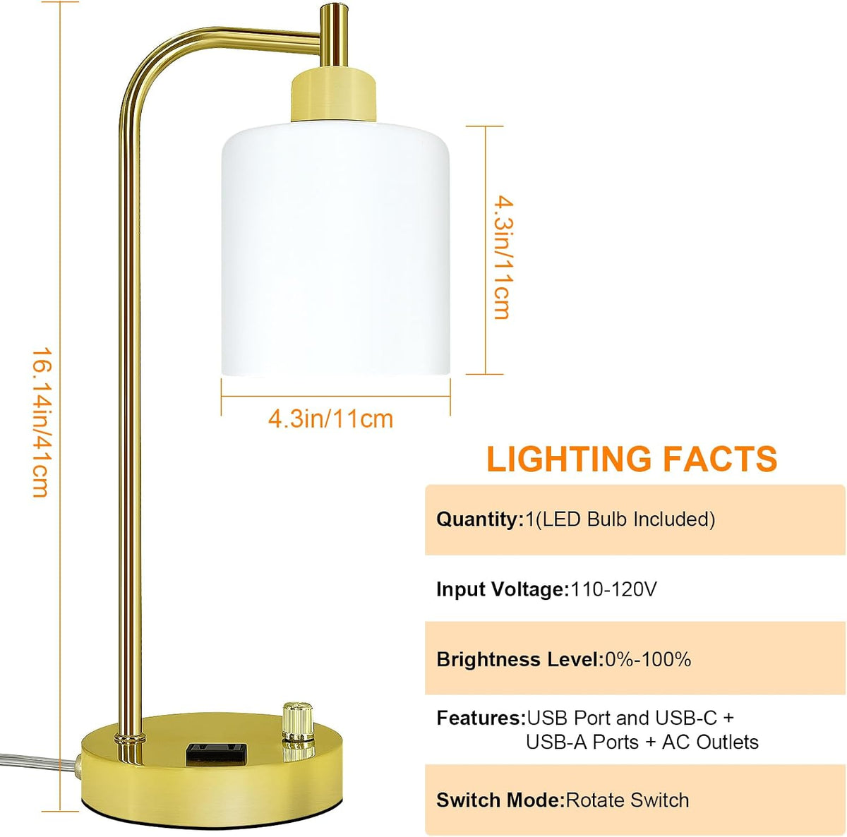 Industrial Table Lamp, Stepless Dimmable Gold Desk Lamp with 2 USB Ports and AC Power Outlet, Frosted GlassShade, Eye-Caring Bedside Nightstand Lamps for Bedroom Living Room Office Reading (GOLD)