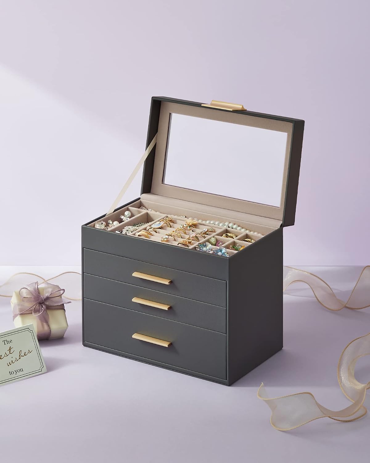 SONGMICS Jewelry Box Organizer, 4-Layer Storage with 3 Drawers, Glass Lid