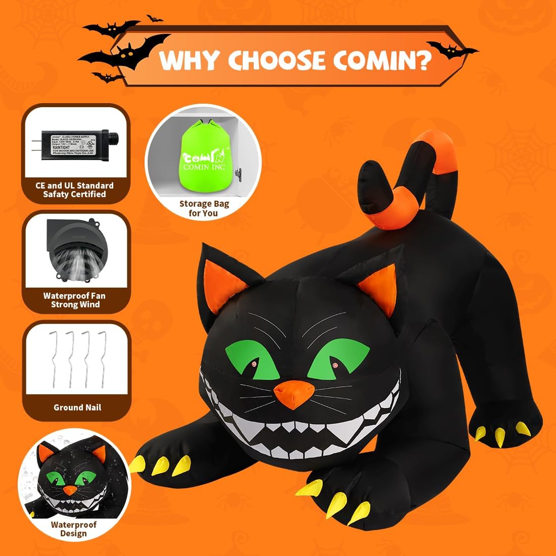 COMIN 6 FT Halloween Inflatables Black Cat Outdoor Decorations Blow Up Yard Large Cat with Moving Head and Built-in LEDs for Indoor Party Garden Lawn Decor