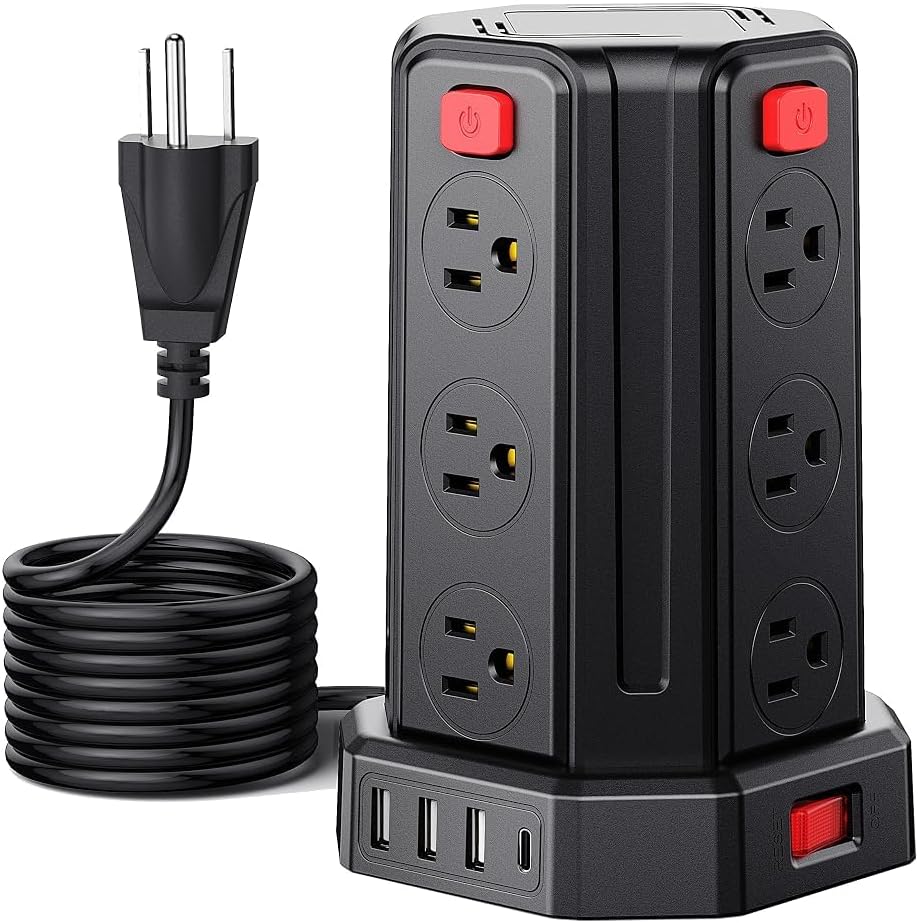 Power Strip 16.4 Ft Extension Cord with 12 AC Multiple Outlets 4 USB (1 USB C), SMALLRT Power Strip Tower Desktop Charging Station for Home Office College Dorm Essentials