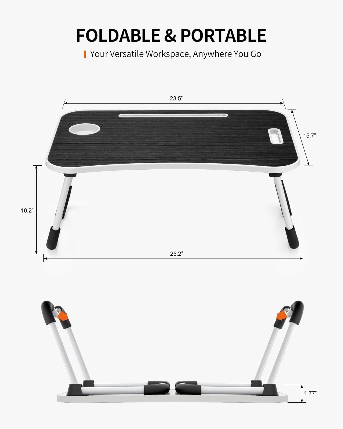 FISYOD Foldable Laptop Table, Portable Lap Desk Bed Table Tray, Laptop Stand with Cup Holder & Tablet Slot & Lifting Handle for Working Writing Drawing & Eating (Black)
