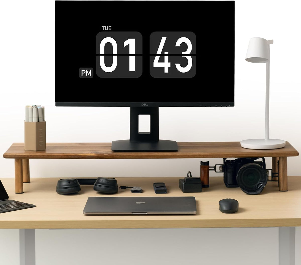 Dual Monitor Stand Riser, Acacia Wood Desktop Shelf with Storage