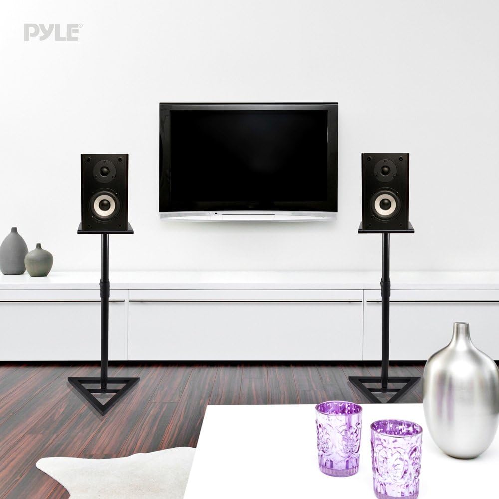 Pyle Universal Monitor Speaker Stands - Heavy Duty Studio Speakers Holder 9” Metal Square Platform 26” - 52” Telescopic Height Adjustment & Three-Point Triangle Base Plate w/ Floor Spikes - AZPSTND35