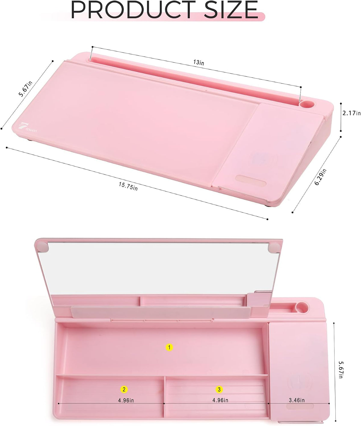 TOWON Glass Desk Whiteboard 17x6 in, Wireless Charger and Storage, Pink