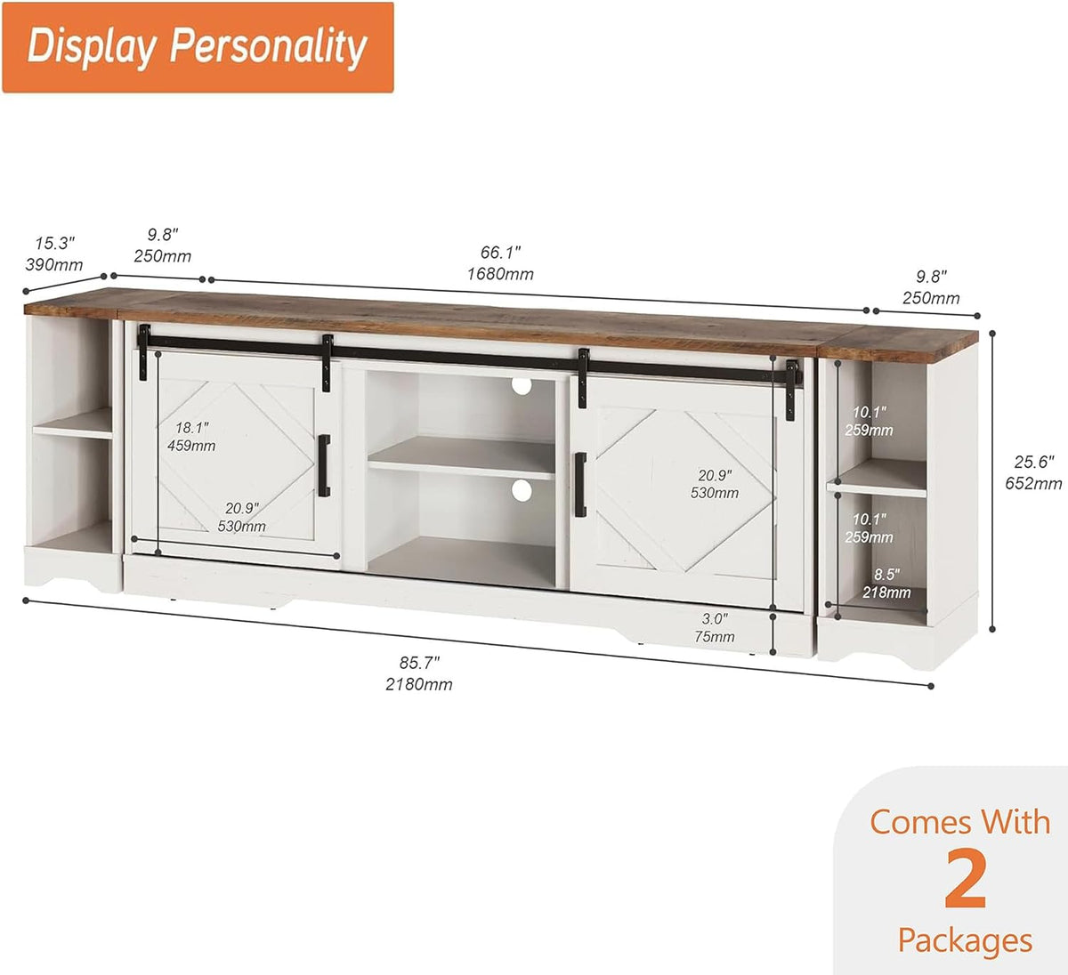 WAMPAT 3-in-1 Farmhouse TV Stand for 95" TV, Entertainment Center with Barn Door Storage & Cable Management, Large Media Console for Living Room, Wooden TV Table with Short Shelves