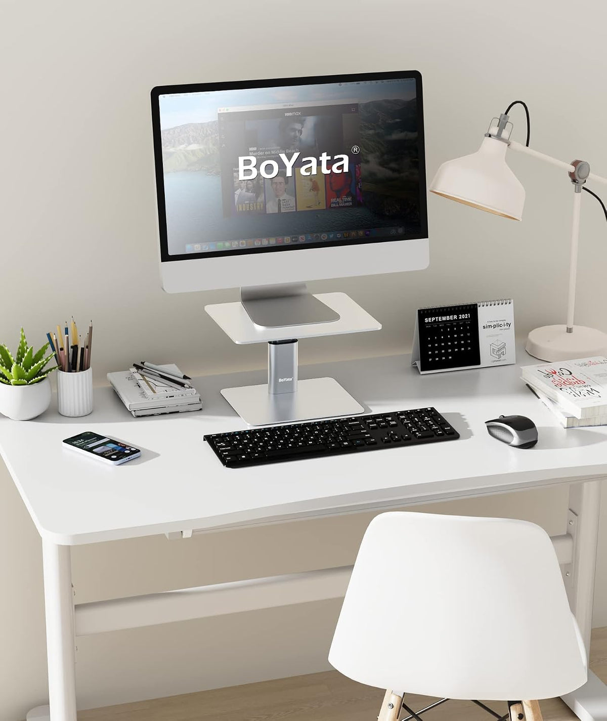 BoYata Monitor Stand, Adjustable Height Metal Desktop Riser, Silver
