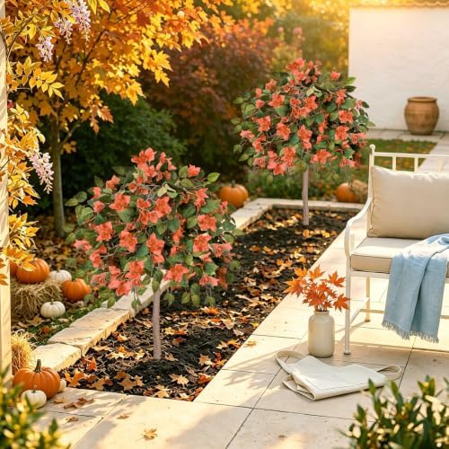 2PCS Fall Tree 4FT Artificial Bougainvillea Tree with Ground Spike UV Resistant Fake Orange Flower Topiary Plants for Outdoor Garden Patio Front Porch Autumn Thanksgiving Halloween Decor