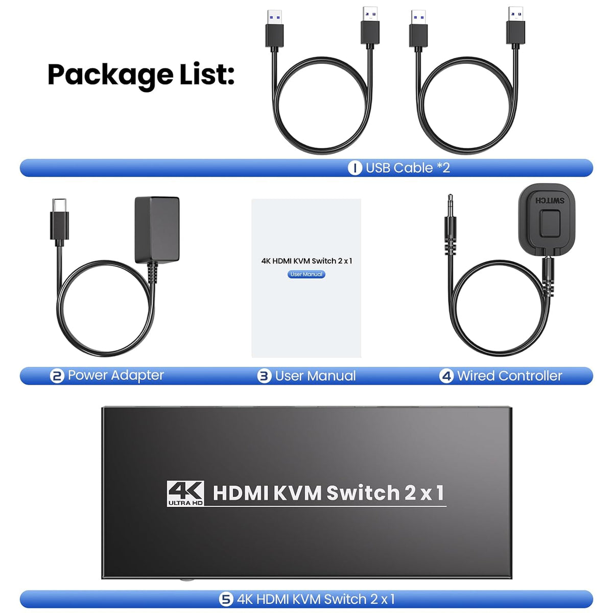 HDMI KVM Switch 1 Monitor 2 Computers, USB 3.0 4K60Hz 2 Port KVM Switch for Controlling 2 PCs with 1 Set of Keyboard Mouse and 1 Monitor