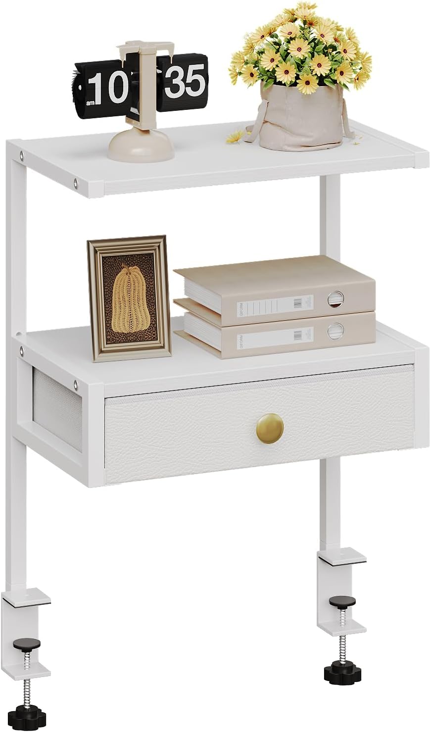 VENNQD Clamp On Desk Shelf, 2-Tier Desktop Organizer, Wood Desktop Supplies Tabletop Book Storage Rack with Adjustable Shelves for Table Working and Gaming Accessories, White