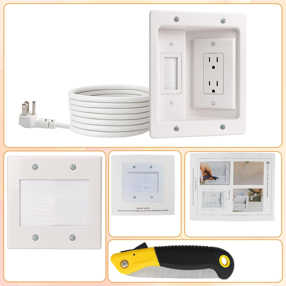 in-Wall TV Cable Management Kit with Recessed Dual AC Outlet, 9FT Extension Cord & Brush Wall Plate, TV Wire Hider for Wall Mounted TV, Power & Low Voltage Cable Concealer (2AC)