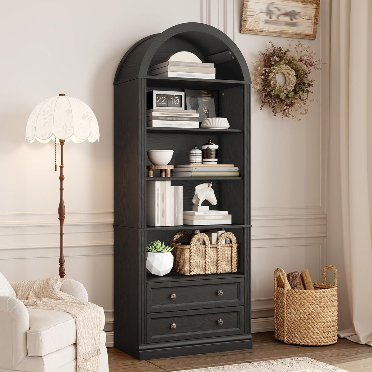 RALGEND Farmhouse Arched Bookshelf Set of2, 7 Tiers Arch Bookcase with 2 Spacious Drawers, Modern Book Shelf with Open Display Shelves and Storage Cabinet, for Office, Living Room, Kitchen, Black