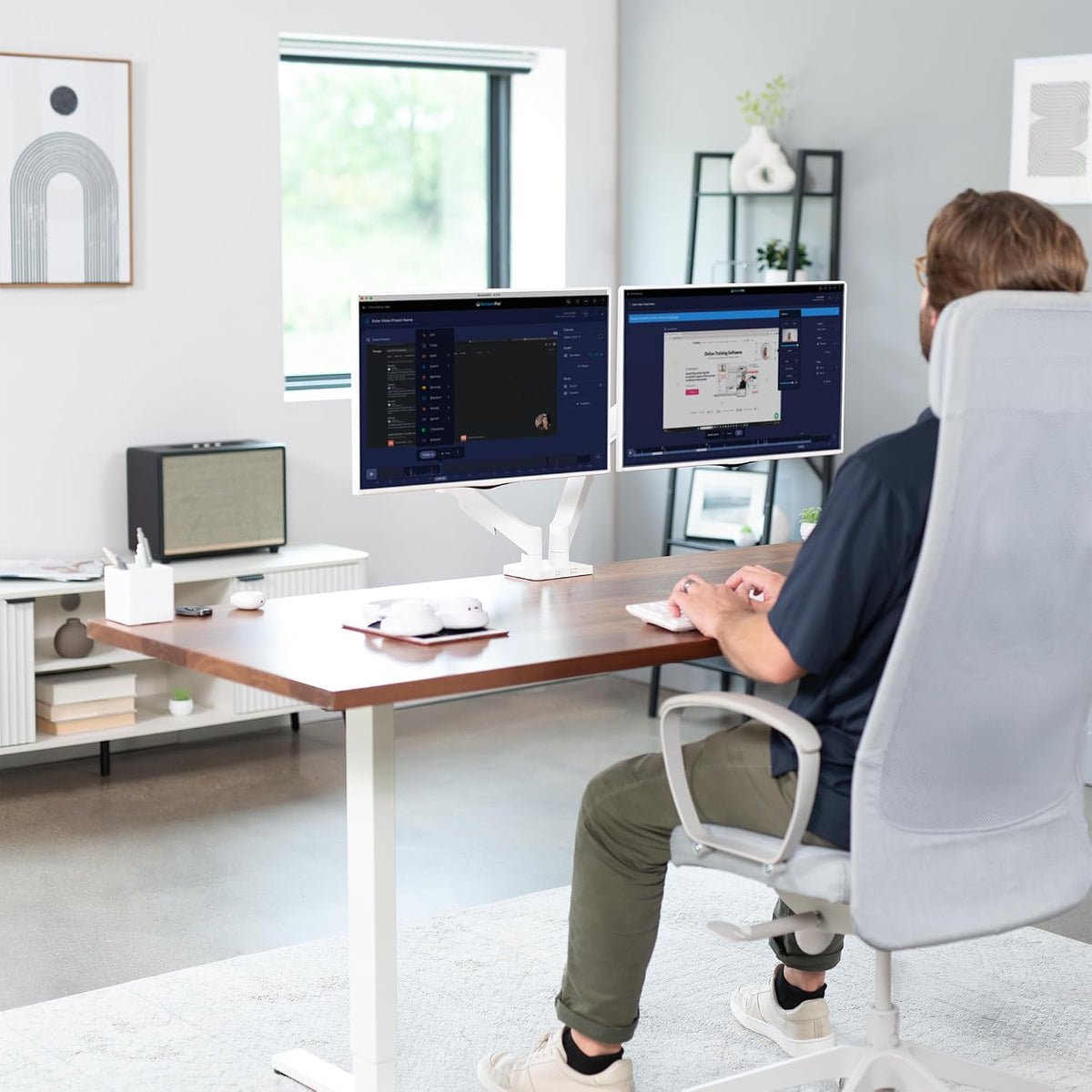 VIVO Dual Monitor Stand, Fully Adjustable Arms for 17 to 32 inch Screens, Mechanical Articulating Desk Mount, Gaming and Office Setups, VESA 75x75, 100x100, Max 19.8 lbs, Classic, White, STAND-V002OW