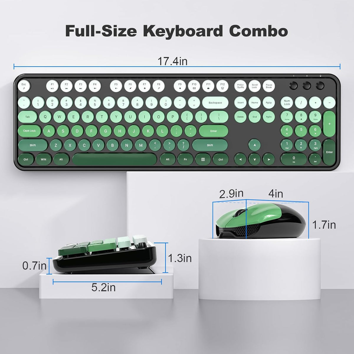 MOFII Wireless Keyboard and Mouse Combo, 2.4GHz Retro Typewriter Keyboard Full Size, Cute Wireless Mice, USB Dongle Plug and Play, for Laptop, PC, Desktop, Windows (Black Green Gradient Color)