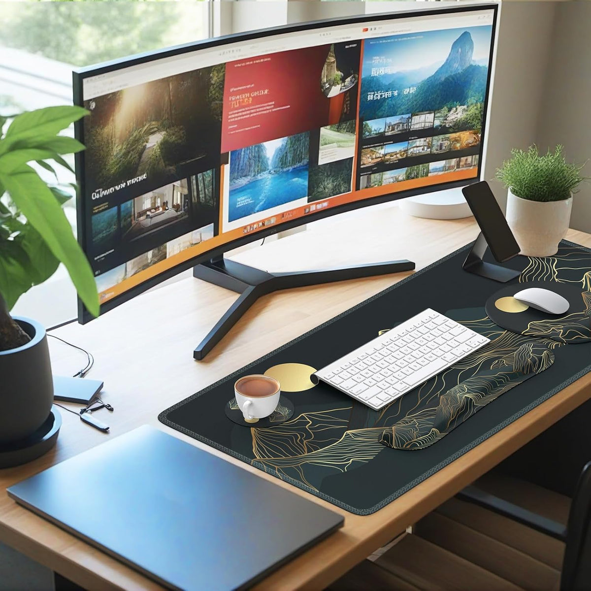 iCasso Large Mouse Pad, 4in1 XXL Mousepad + Keyboard Wrist Rest+Mouse Wrist Rest+Coaster Set with Ergonomic Design for Computer(Cyan-Mountain)