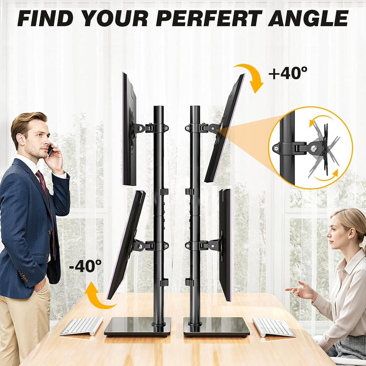 5Rcom Vertical Dual Monitor Freestanding Stand, Holds Two 17-35 Inch Regular & Ultrawide Screens, Square Tempered Glass Base VESA Mount, Adjustable Height, Tilt, Swivel, Rotation, Black