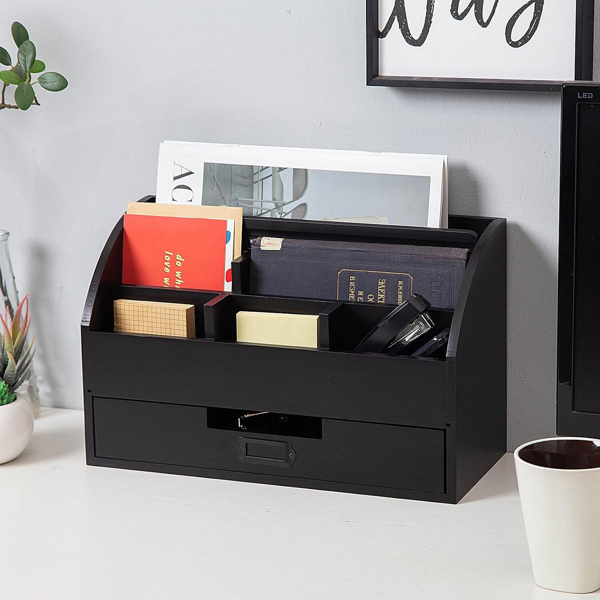 canwedance Distressed Rustic Wooden Office Desk Organizer 5 Compartment with 2 Drawer &Counter Desk Tabletop Desktop Mail Rack, Pens, Notebooks, Folders, Pencils and Office Supplie(black)