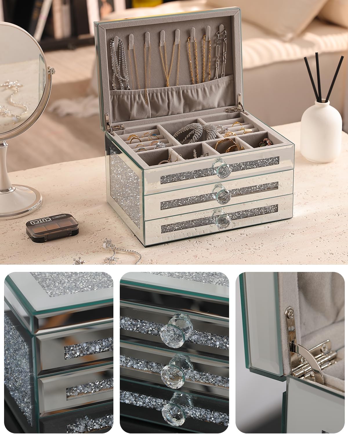CITYLOVE Jewelry Boxes for Women Modern Glass Jewelry Box Organizer 3-Layer 2 Drawers,Lots of Storage Space,Best Birthday Gifts for Women/Silver