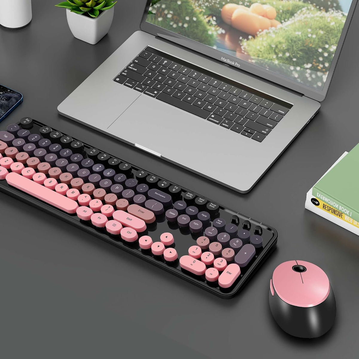 Kootop Cute Typewriter Wireless Keyboard and Mouse Combo Black and Pink
