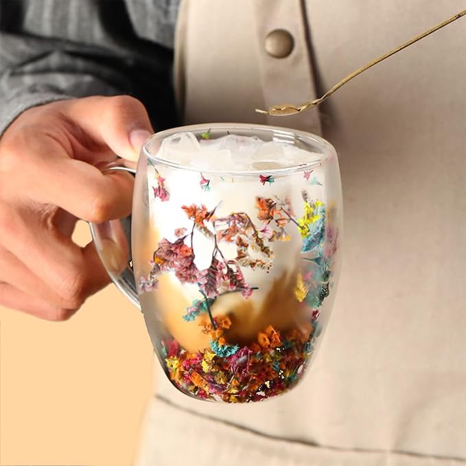 Gifts for Women Dried Flowers Double Wall Glass Coffee Mugs Cute Glass Tea Cups