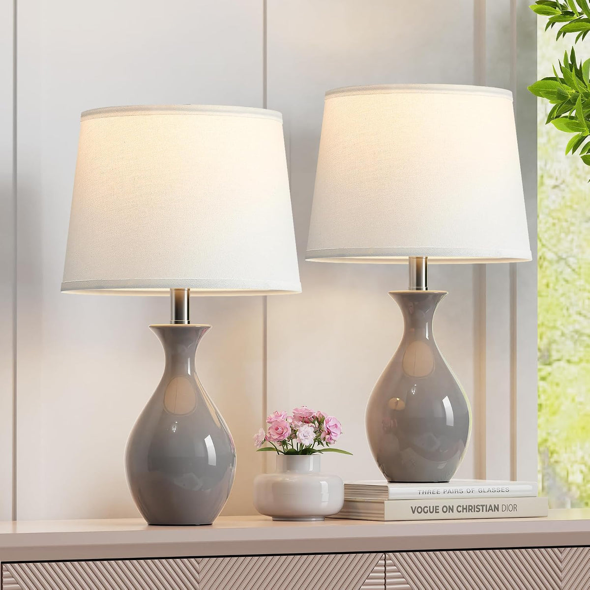 PARTPHONER Table Lamp Set of 2, Modern Ceramic Bedside Lamps for Night Stands, Classic Small Lamp Nightstand Lamp for Bedroom Living Room Desk End Table Rocker Swtich Grey