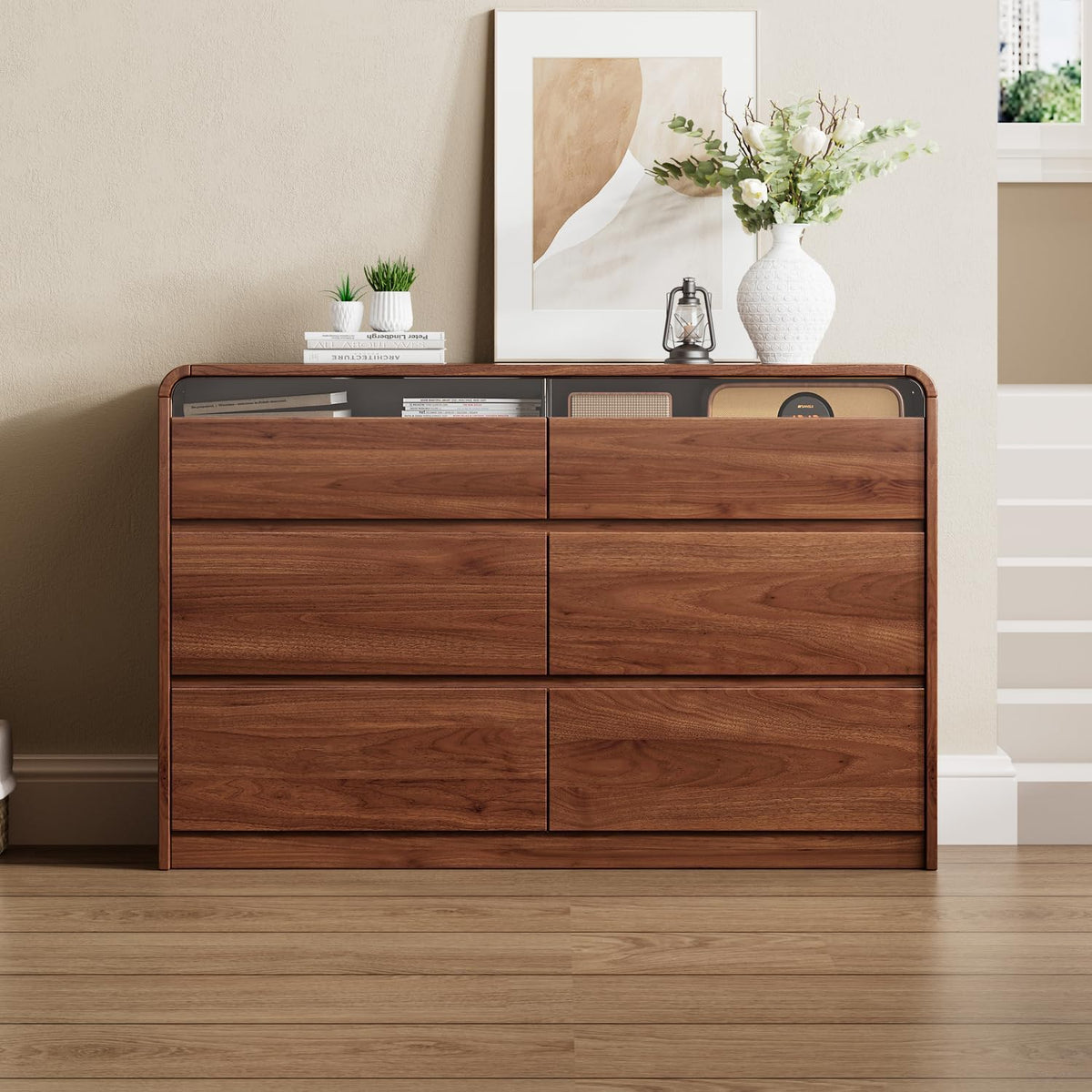 Ieejdn 47.2" Dresser with 6 Drawer, Wide Dresser with Recessed Glass Display & Silent Metal Rails, Handleless Chest of Drawers for Clothes, and Bedding, Russet