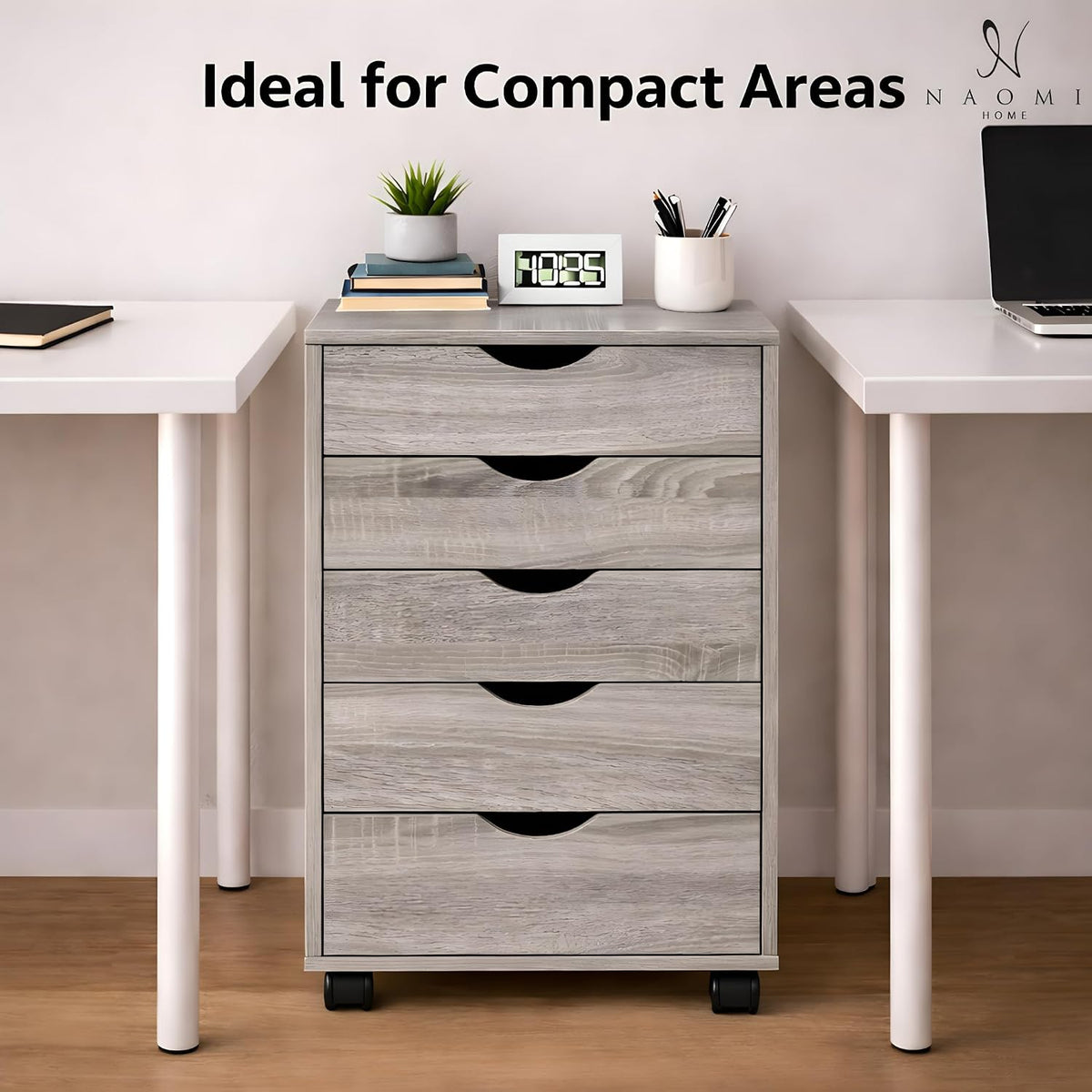 Naomi Home Under Desk Office File Cabinet with 5 Drawers, Rolling Storage Organizer with Lockable Wheels, Handle-Free Design & Spacious Top Surface, Compatible Cabinet for Home Office - Gray Oak