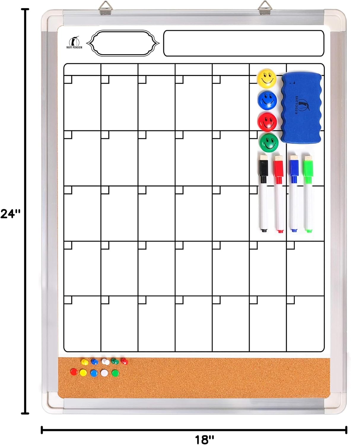 Dry Erase Calendar for Wall - Whiteboard Calendar with Cork Board 18x24 in