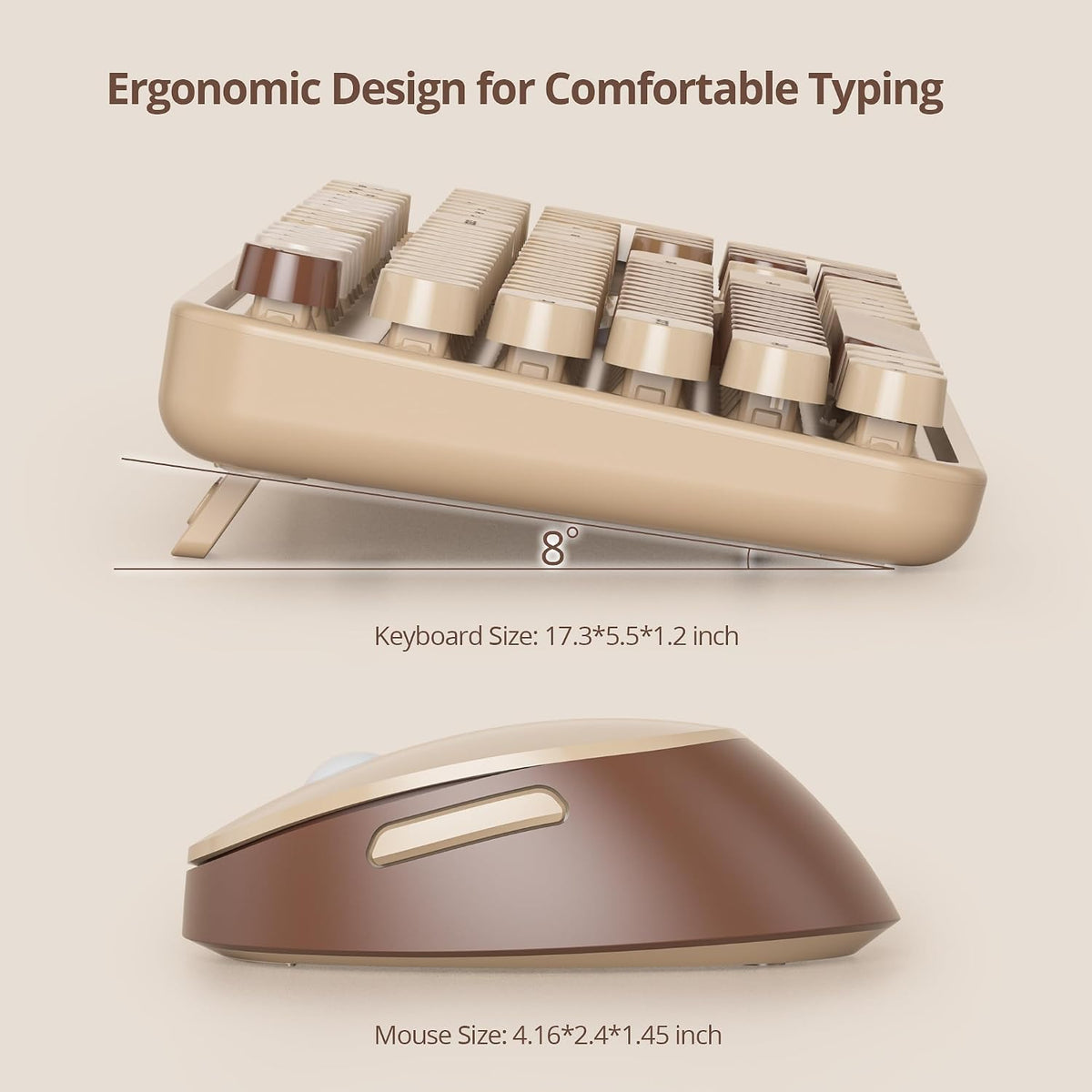 GTSP Retro Wireless Typewriter Keyboard and Mouse Combo, 2.4GHz Full-Size Cute Office Computer Keyboard with Round Keycaps for Desktop Laptop and PC (Colorful Brown)