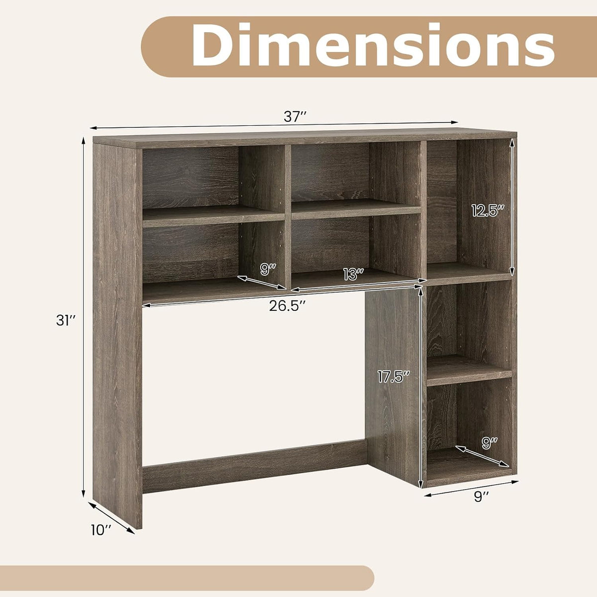 MAT EXPERT Wooden Desktop Bookshelf, Countertop Desk Hutch w/ 7 Cubes & Adjustable Shelves, Anti-toppling Kits, Table Top Organizer Shelf Fits Monitors up to 27” for Dorm, Office, Study (Grey Oak)