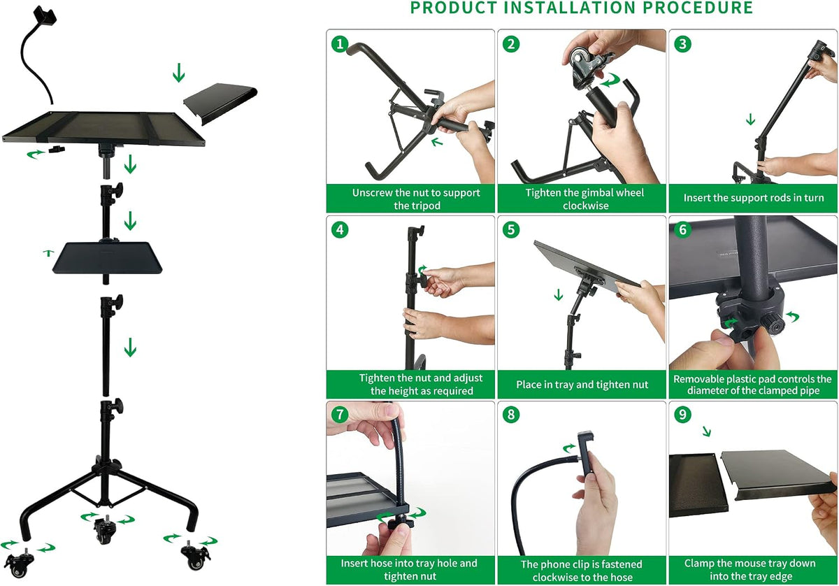 Projector Tripod Stand with Wheels Adjustable Height Laptop Tripod Stand Treadmill Laptop Stand with 2 Shelves Mouse Tray Phone Holder Projector Tripod Music Stand Office Home Portable Laptop Floor Stand