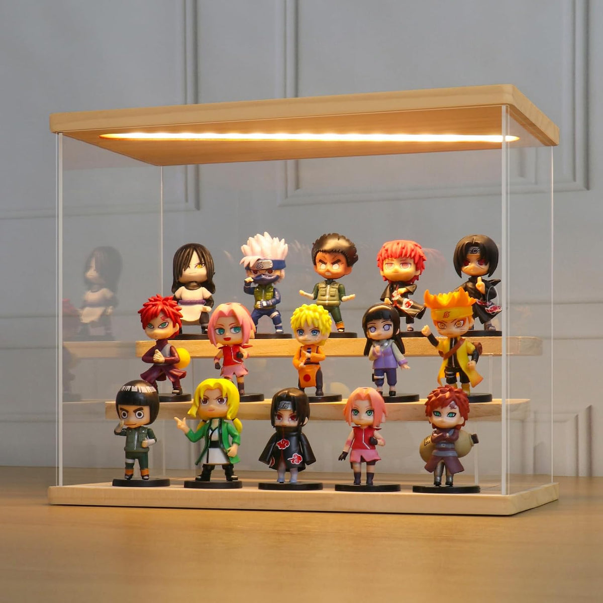 LANSCOERY Acrylic Display Case for Collectibles, 3-Tier LED Light, Wood