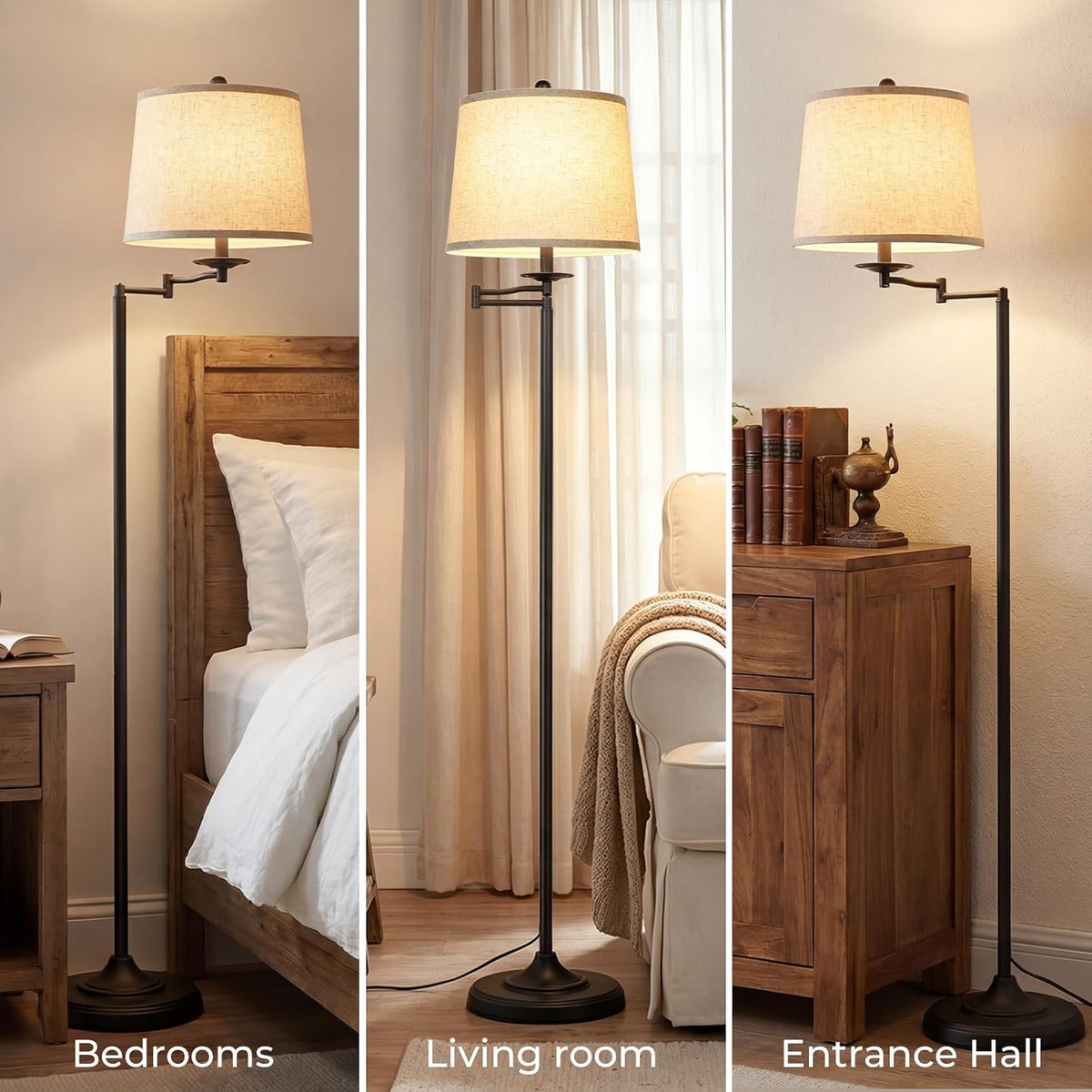 Qingmiao 61" Vintage Floor Lamp with Swing Arm 350° Adjustable, 3-Way Bulb