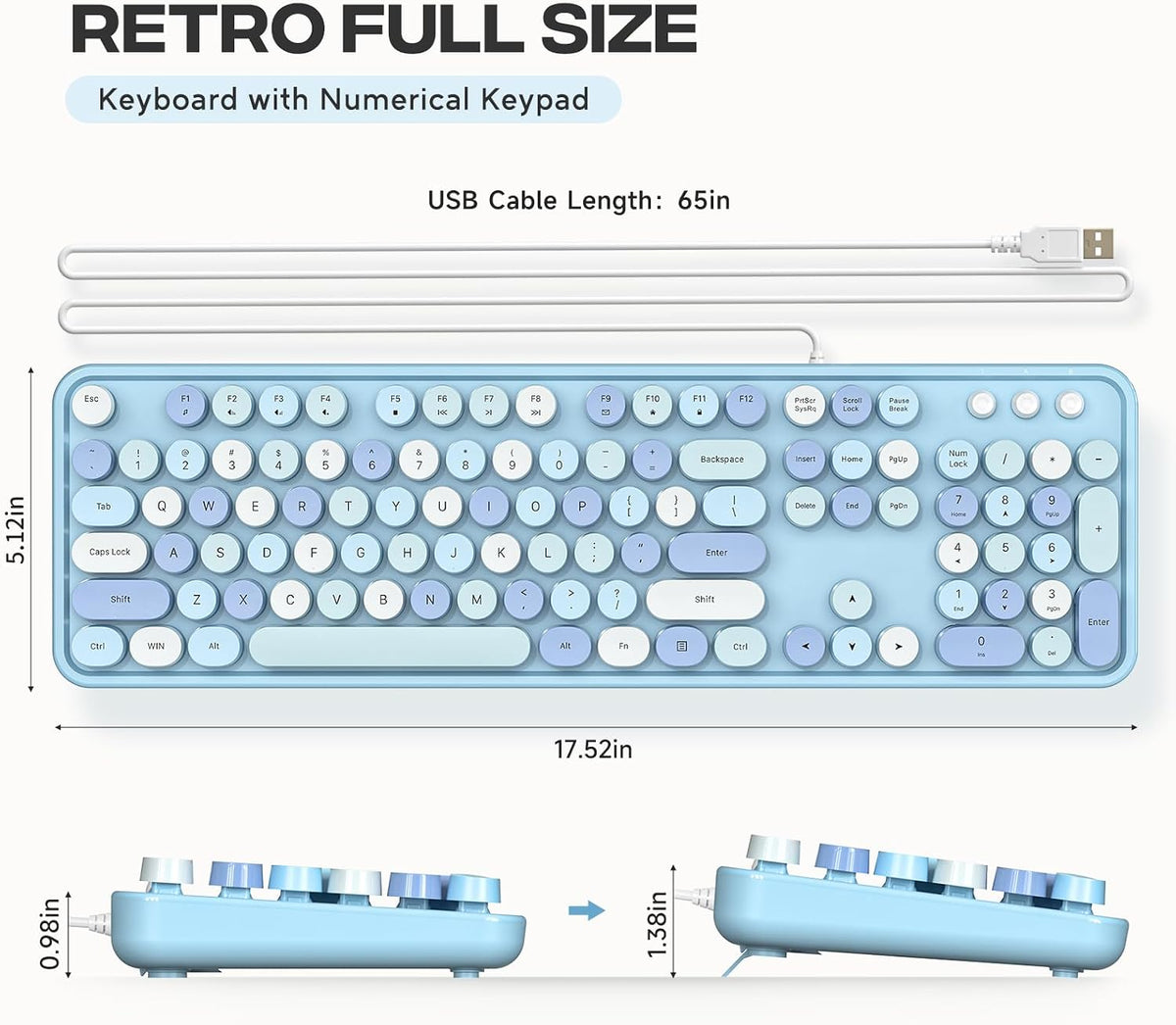 Dilter Wired Keyboard, Full-Sized Typewriter Keyboards, USB Plug and Play Office Keyboard with Number Pad, Caps Indicators, Foldable Stands for Windows, PC, Laptop, Desktop (Blue Colorful)
