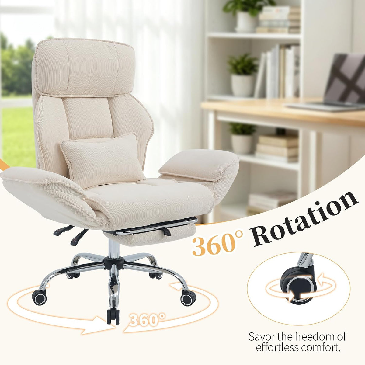 Criss Cross Office Chair with Footrest - 5-Gear Flat Armrests Corduroy Desk Chair, Reclining Wide Ergonomic Computer Chair with Lumbar Pillow, High Back Swivel Vanity Chair