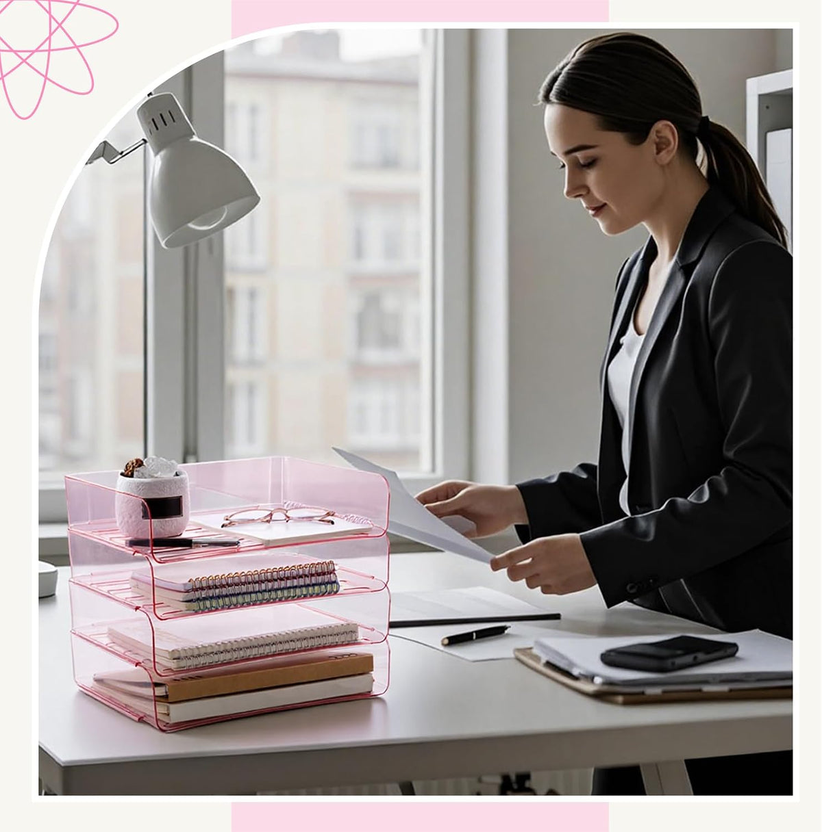 Harloon 4 Tier Paper Organizer Clear Pink Letter Tray Acrylic File Tray