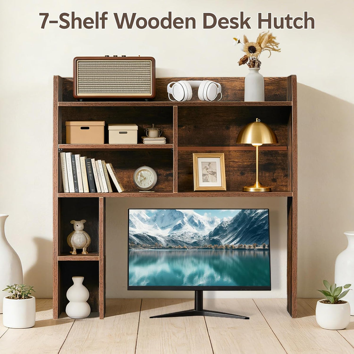 OFCASA Desktop Bookshelf, Countertop Storage Hutch with 7 Shelves for Computer Desk, 35.4'' 3-Tier Display Rack, Multipurpose Wooden Desk Hutch Storage Organizer for Home Office Dorm, Brown
